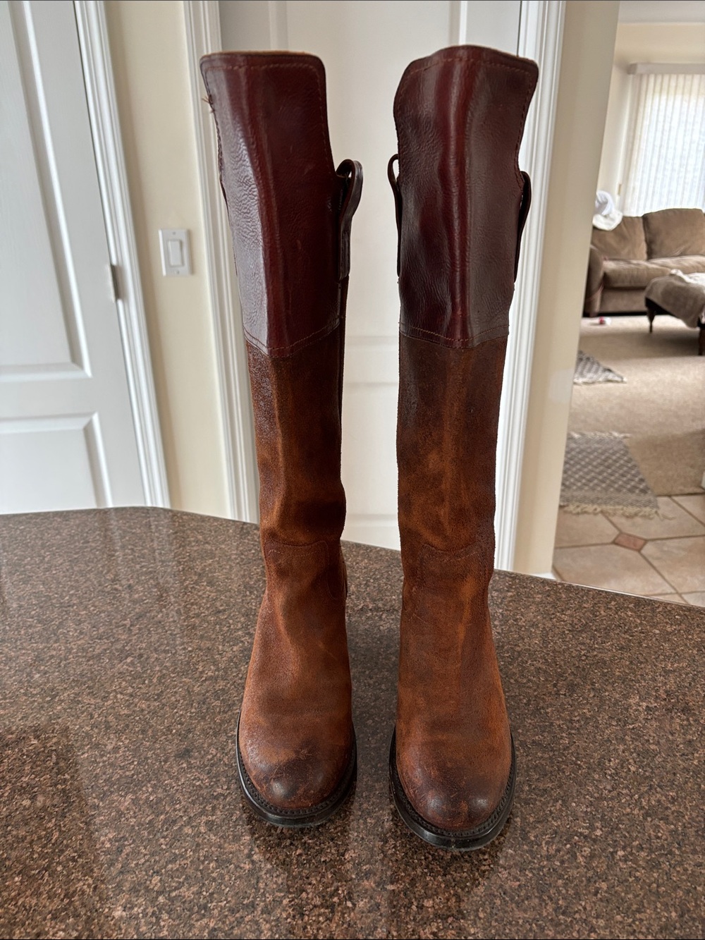 Frye Ladies Autumn Shield Two-Tone Redwood Suede Leather Boots-8 - Picture 2 of 7